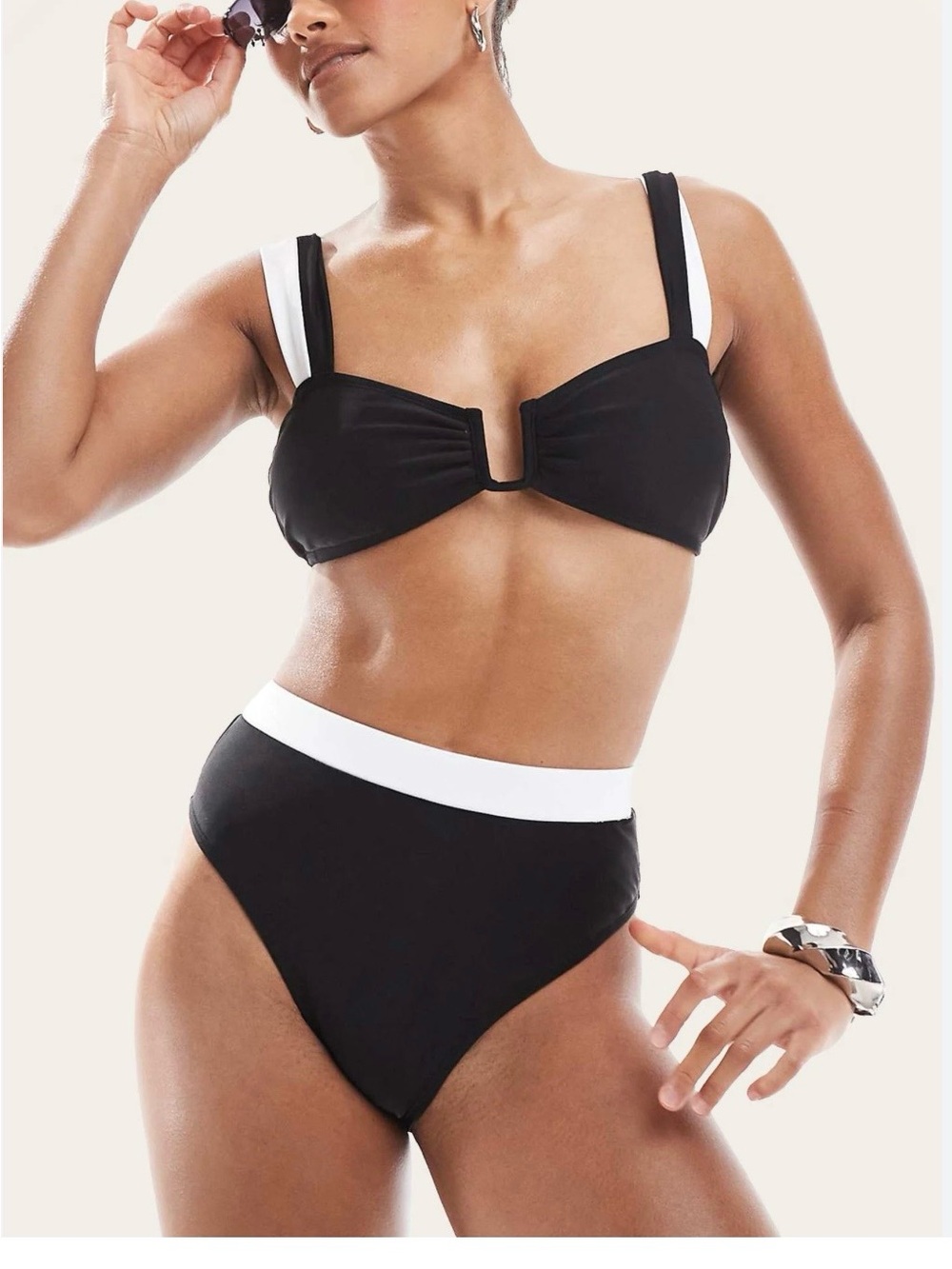 Contrast-Trim Black & White High-Waist Bikini Set